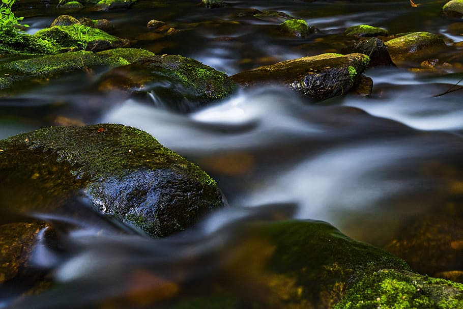 time lapse photography of river, water, nature, landscape, stones