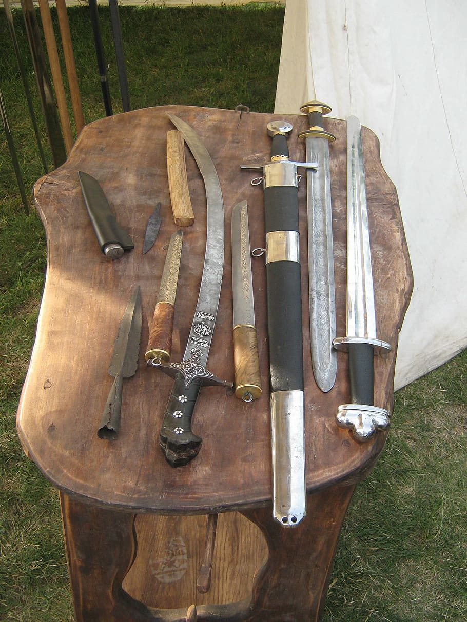 assorted swords on table, Sabre, Melee Weapons, wood - material, HD wallpaper