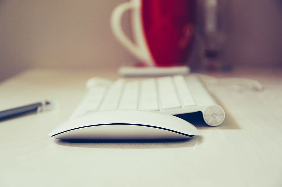 shallow focus photography of apple magic mouse and apple wireless keyboard