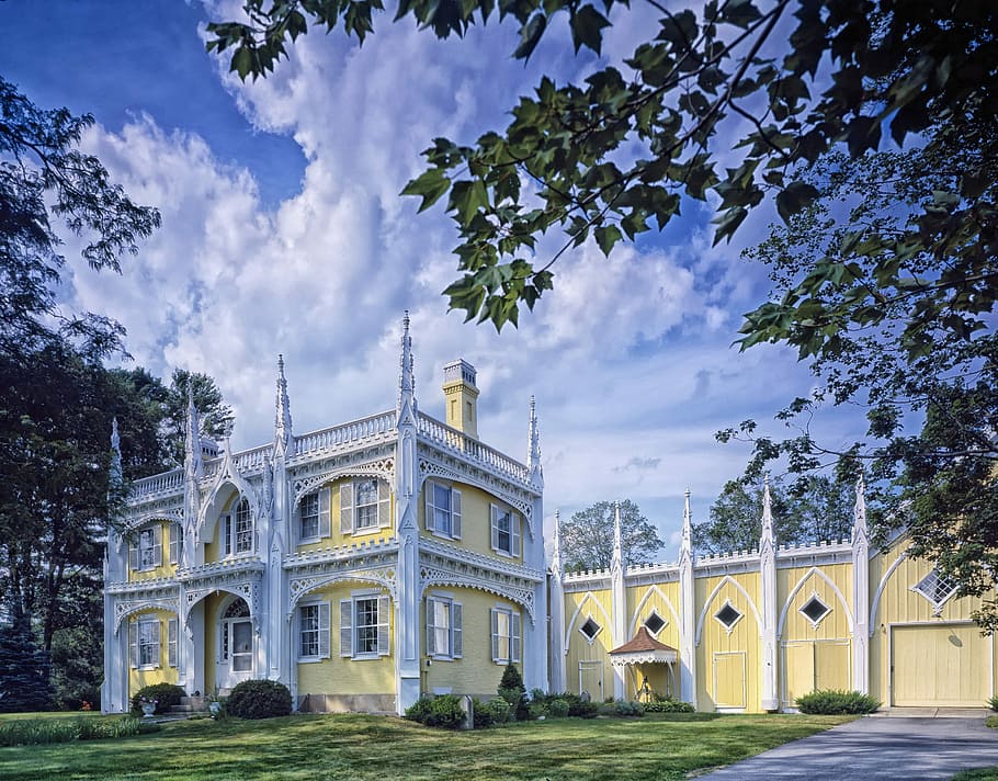 Wedding Cake house Architecture in Maine, clouds, leaves, public domain HD wallpaper