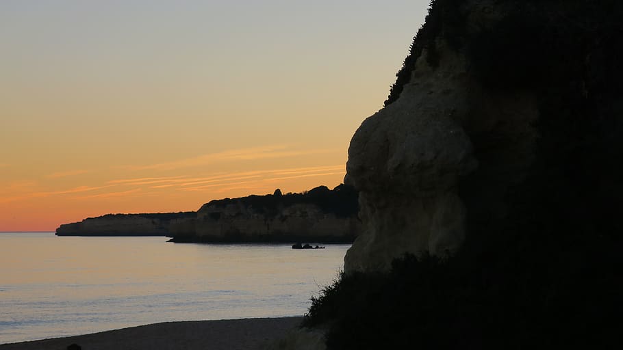 sunset, beach, cliffs, ocean, beach sunset, sky, water, summer HD wallpaper