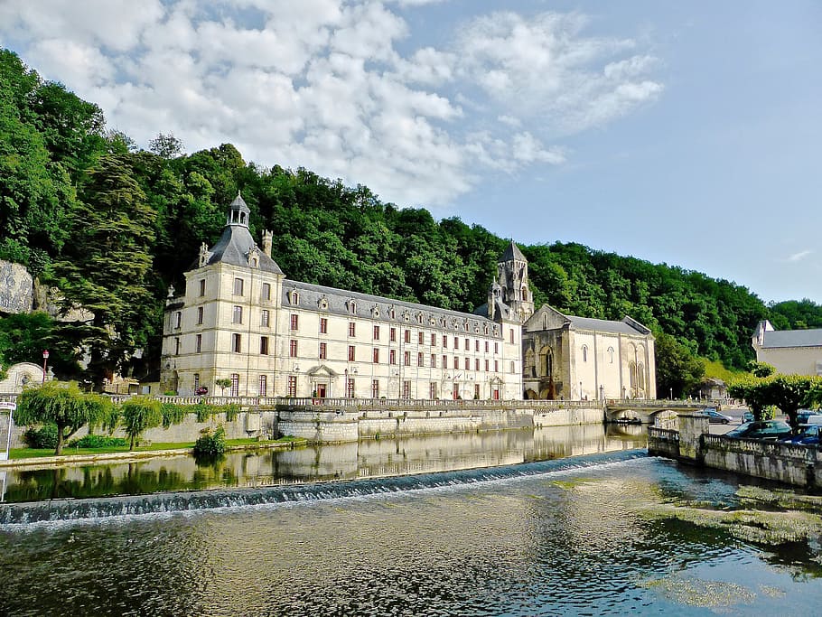 brantome, dronhe river, marouatte, chateau, weir, reflection, HD wallpaper
