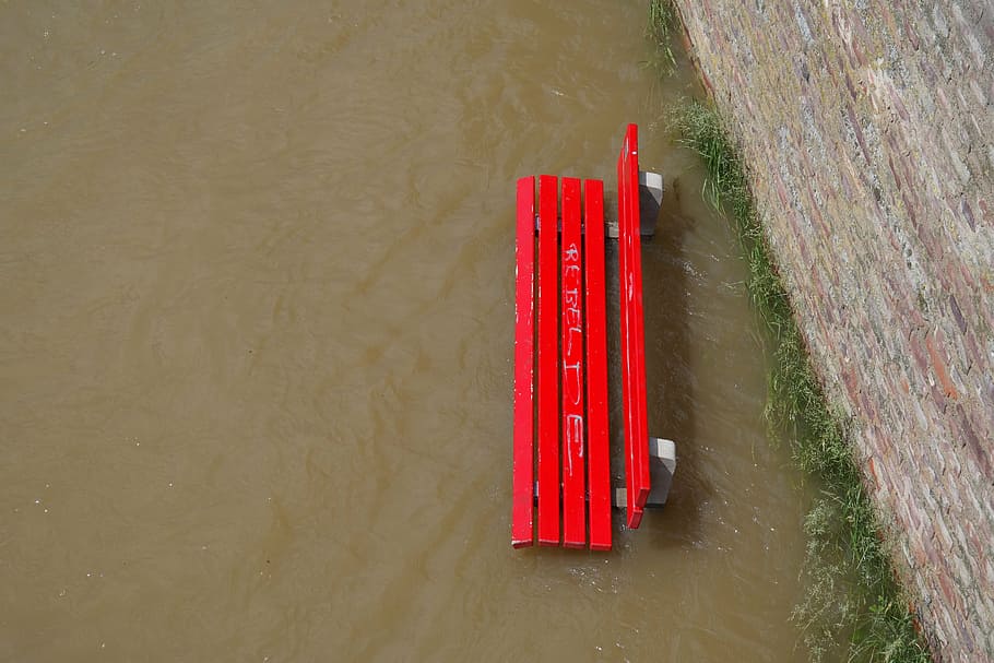 high water, flooding, park bench, red, bank, in the water, flooded, HD wallpaper