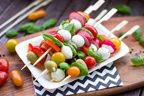 assorted fruits and vegetables on stick, spit, antipasti, tomatoes HD wallpaper