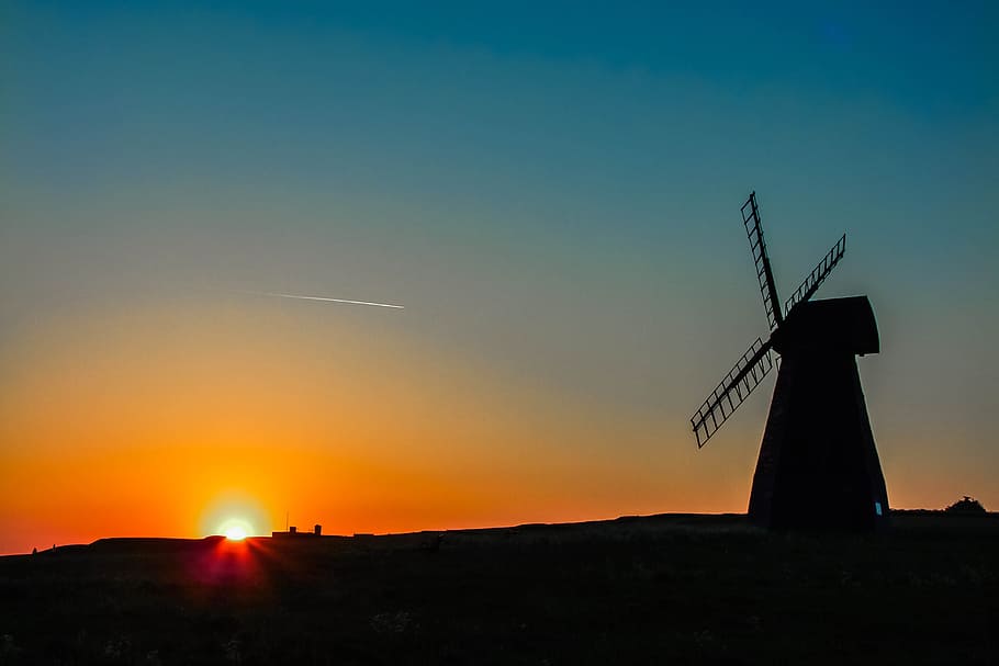 silhouette windmill while sunset, england, wind power, wind turbine HD wallpaper