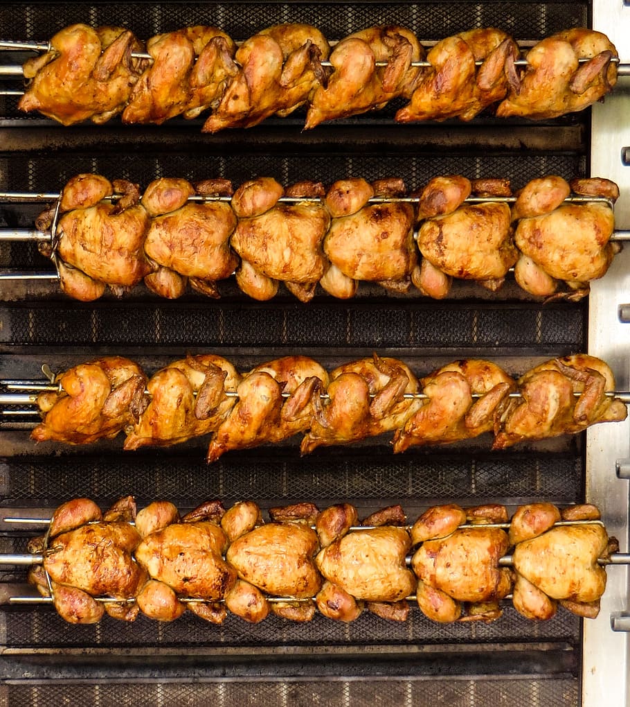 roasted chickens, eat, broiler, grill, poultry, food, spit, food and drink