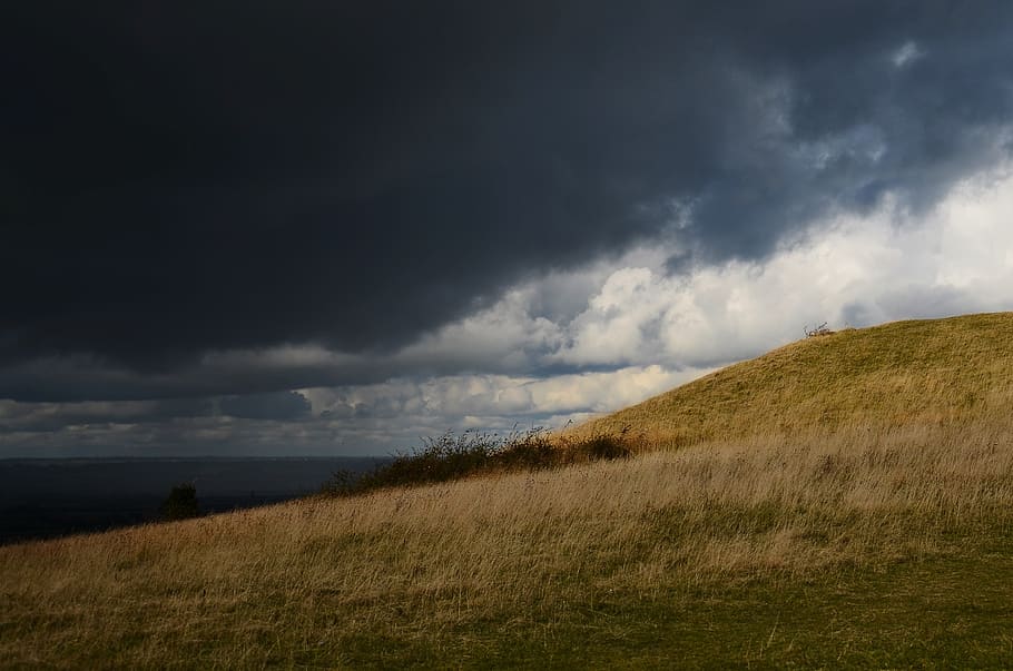 storm, clouds, cloudy, dark, grey, field, grass, sky, cloud - sky HD wallpaper