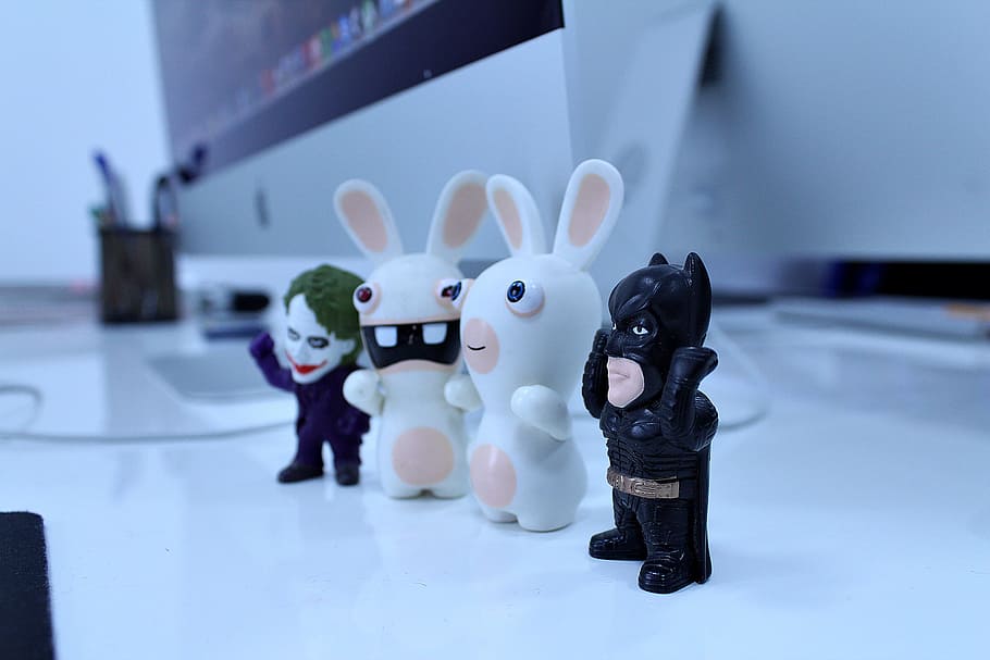 Batman Figurine, batman toys, cute, rabbit toys, table, representation