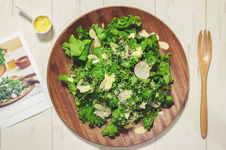 green vegetable dish filled brown plate, food, salad, freshness, HD wallpaper