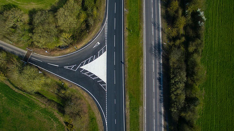 top-view photography of roads and field, aerial, green, grass HD wallpaper