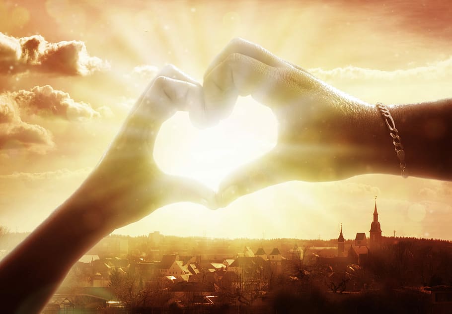 two hands forming heart, love, affection, sunset, sky, nature HD wallpaper