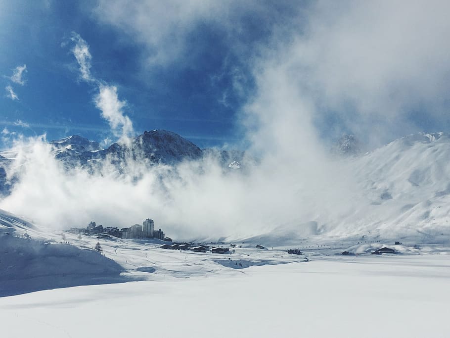mountain range near snow field, cloud, sky, summit, ridge, landscape HD wallpaper