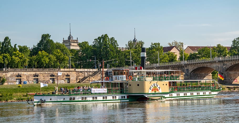 elbe, river, ship, water, nature, dresden, spring, green, trees