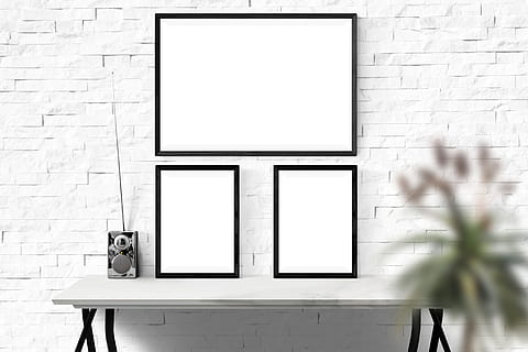 black photo frames on white wooden console table, poster, mockup HD wallpaper