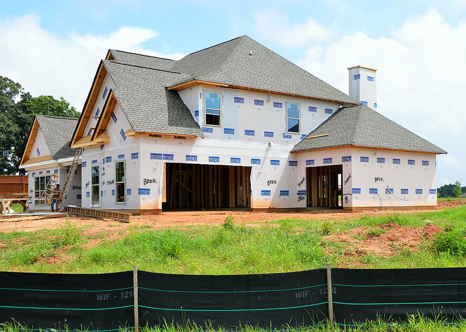 white and blue concrete house, new home, construction, build HD wallpaper