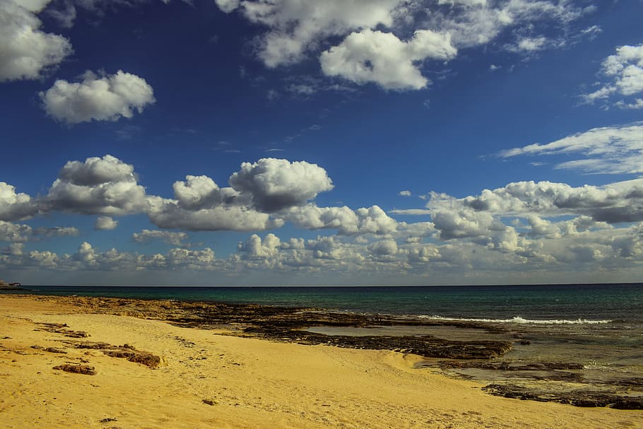 cloudy sky over sea, beach, empty, landscape, winter, clouds HD wallpaper