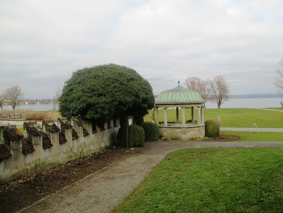 pavilion, way, park, trees, wall, lake, lake constance, background HD wallpaper