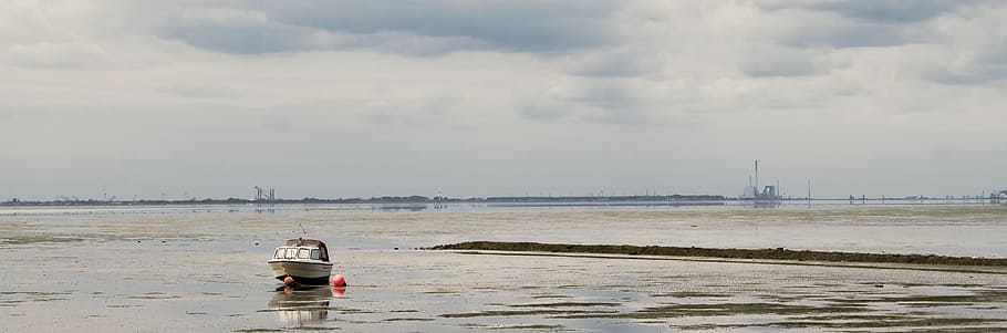 beach, water, mud, boot, landscape, object, sea, sky, nature HD wallpaper
