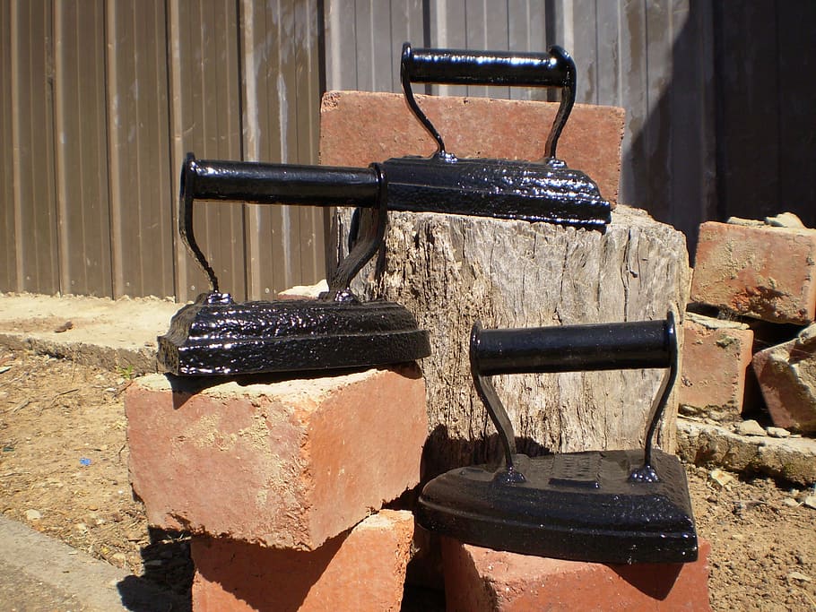 old, black, irons, red, bricks, vintage, day, sunlight, no people HD wallpaper
