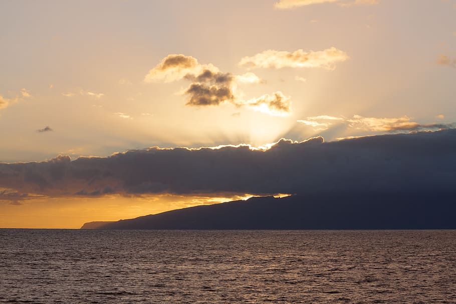 Sea, Sun, Clouds, Island, abendstimmung, mainland, sky, sunset HD wallpaper