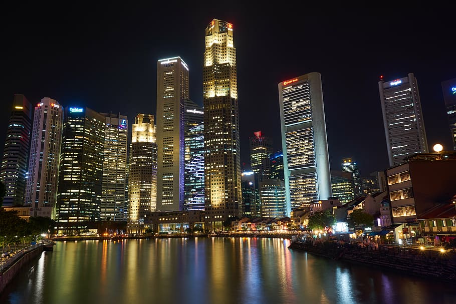 portrait photography of city skyline during night time, singapore, HD wallpaper