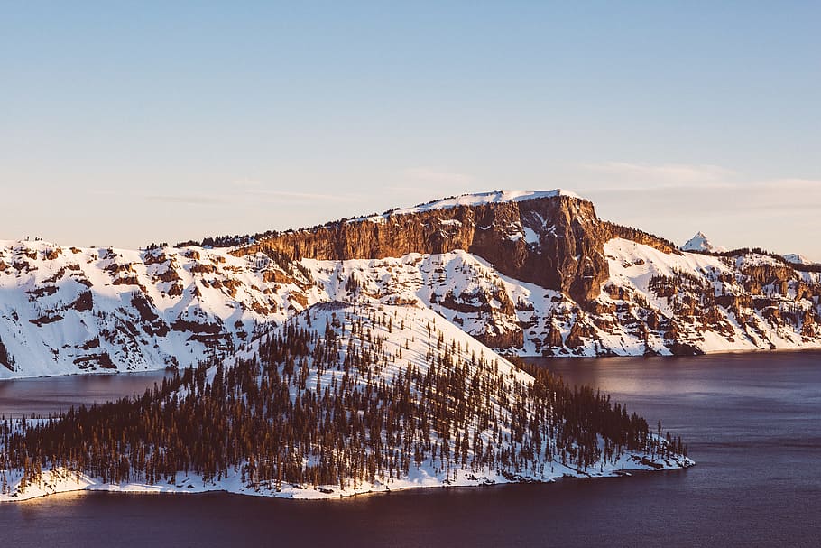 snow covered islet at daytime, snow covered mountain, trees, snowy mountain HD wallpaper