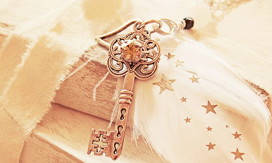 photo of skeleton key, heart, feather, star, pearl, love, symbol HD wallpaper