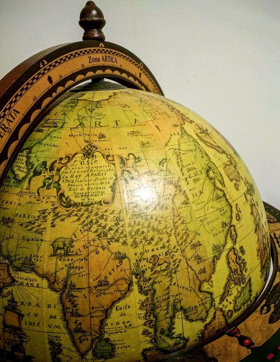 Globe, World, Sphere, Map, Antique, earth, planet - space, gold colored HD wallpaper