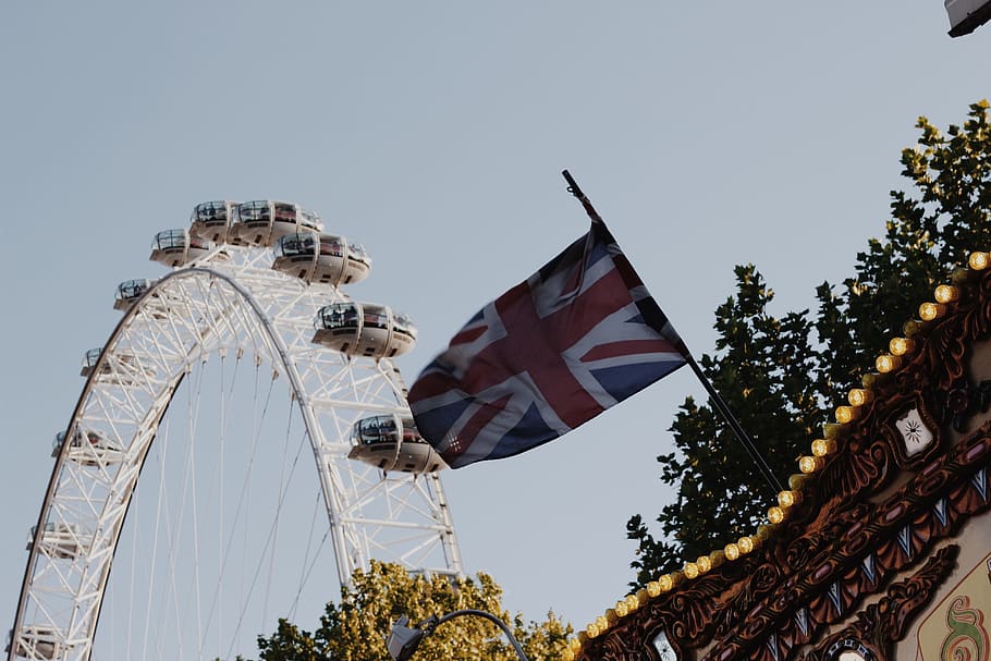 United Kingdom flag near white ferris wheel, Union Flag, London Eye, HD wallpaper