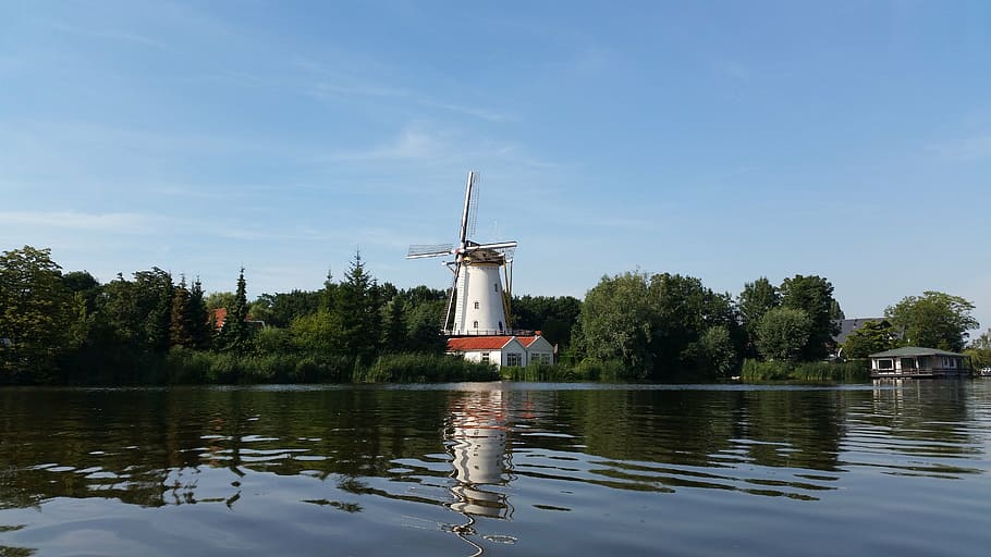 mill, rotten, revier, rotterdam, water, tree, plant, sky, fuel and power generation HD wallpaper