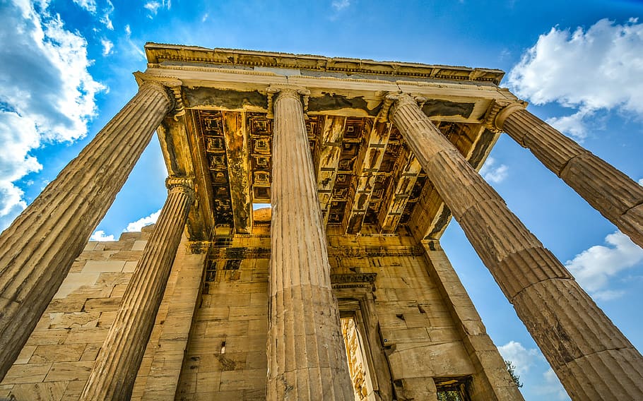 low angle of ruins under mid cloudy sky, acropolis, parthenon HD wallpaper