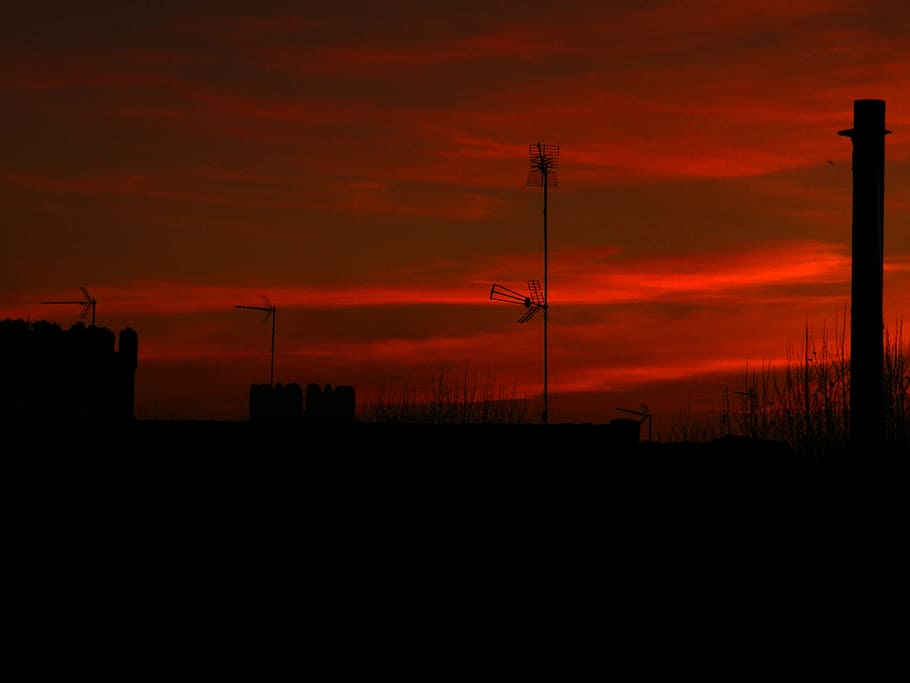 Sky, intense, red, sunset, silhouette, dusk, industry, orange Color HD wallpaper