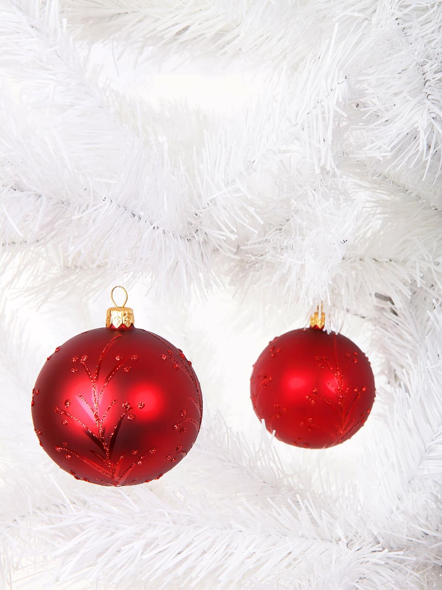 close photo of two red bauble, ball, branch, celebration, christmas HD wallpaper