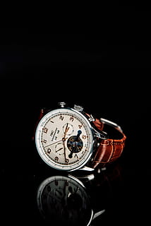 round silver-colored chronograph watch with brown leather strap, silver-colored TWC chronograph watch reading at 2:40 HD wallpaper