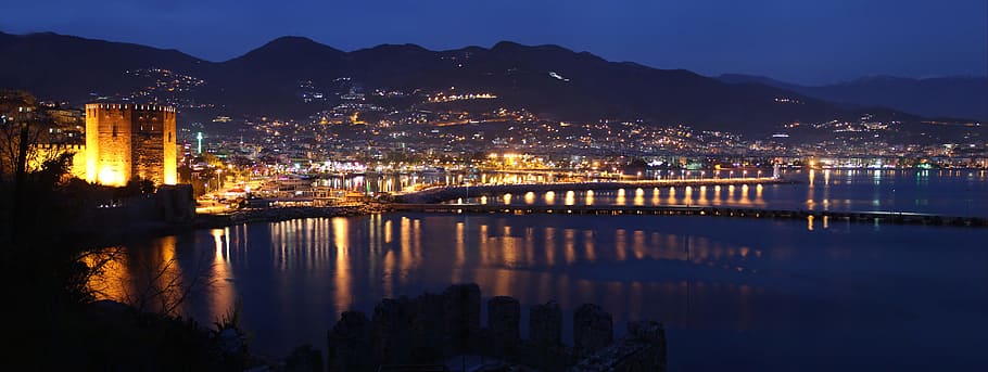 Alanya, Night, Turkey, kızılkule, antalya, marine, blue, light HD wallpaper