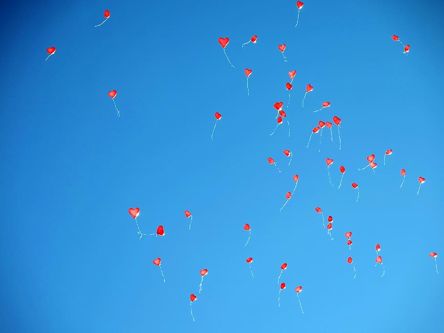 balloons, sky, blue, heart, helium, romantic, red, romance HD wallpaper