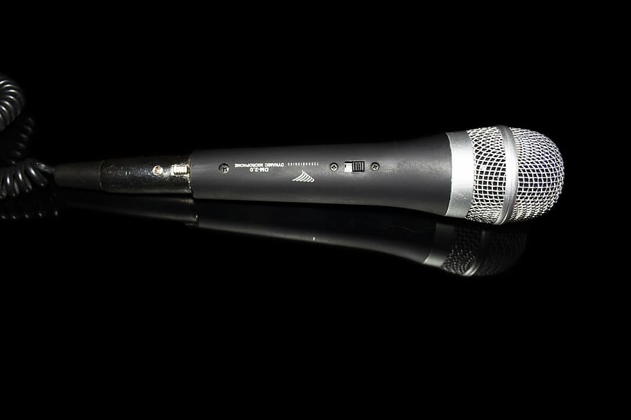 microphone, music, sing-along, close-up, black background, studio shot, HD wallpaper