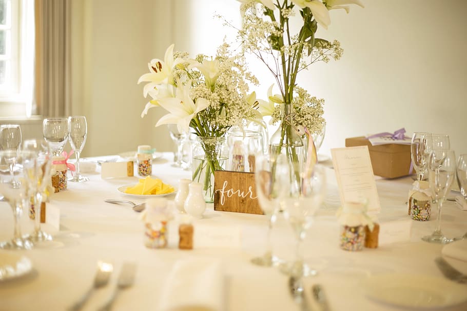 table with dinnerware set, clear dinnerware set on white table HD wallpaper
