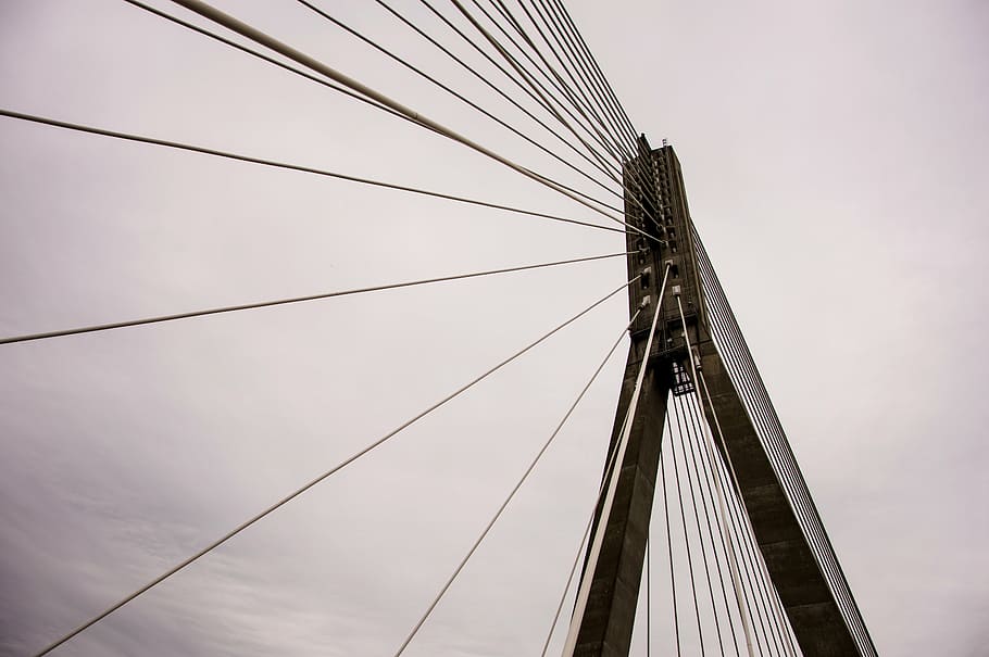 black bridge tower during daytime, bridge construction, sky, perspective, HD wallpaper