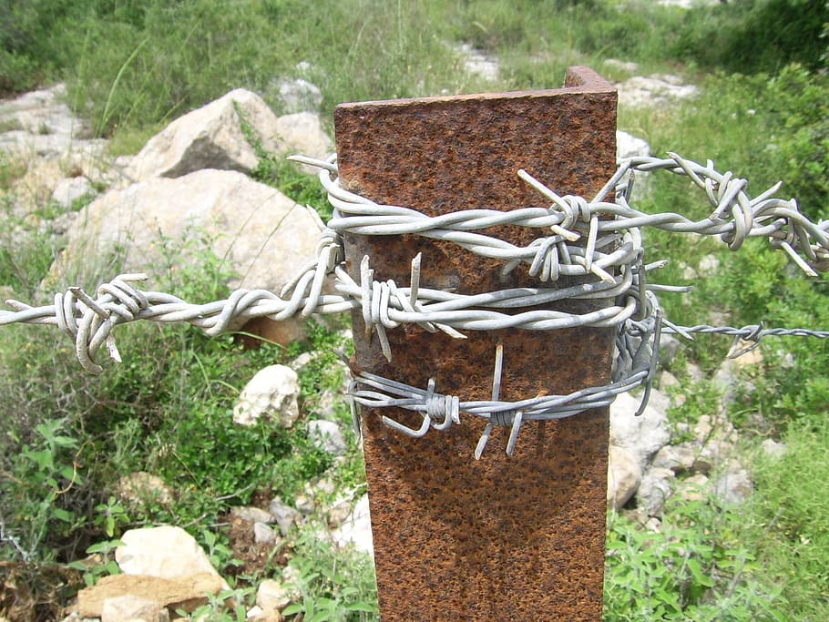barbed, wire, galvanized, pole, rusty, metal, iron, security HD wallpaper