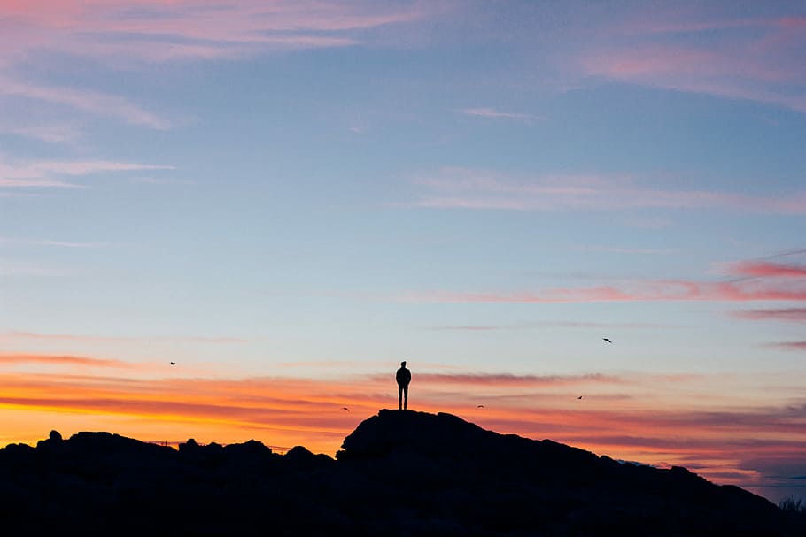 silhouette photography of man on mountain, person standing on mountain HD wallpaper