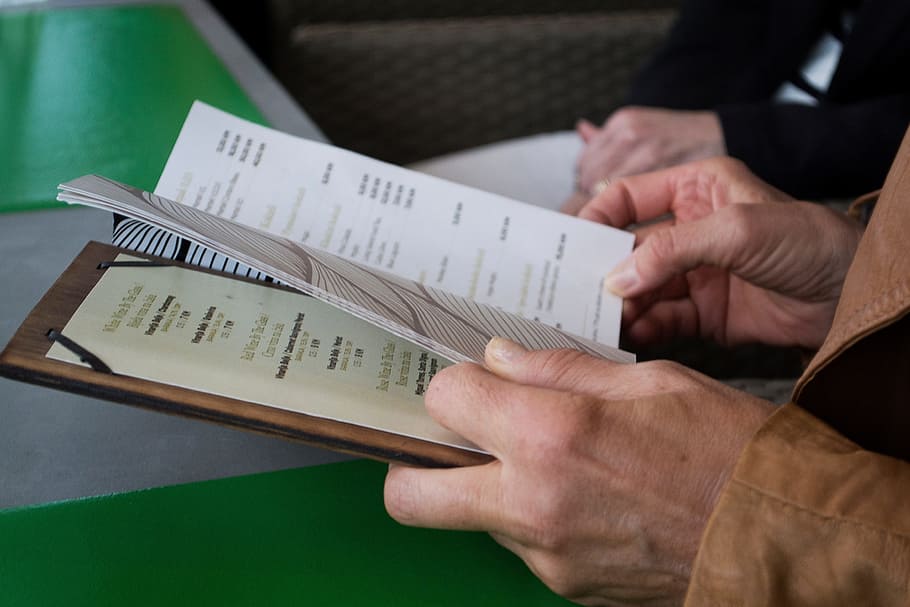 hand, table, menu, reading, human hand, paper, senior adult HD wallpaper