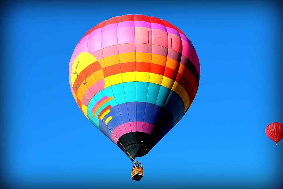 flying multicolored hot air balloon, travel, sky, colorful, flight, HD wallpaper