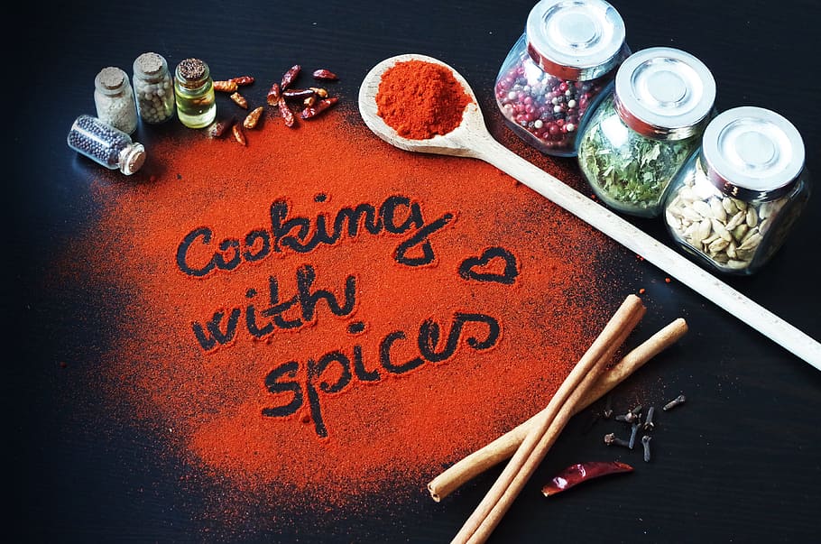 Paprika, Pepper, Cooking, the inscription, colorful spices, HD wallpaper