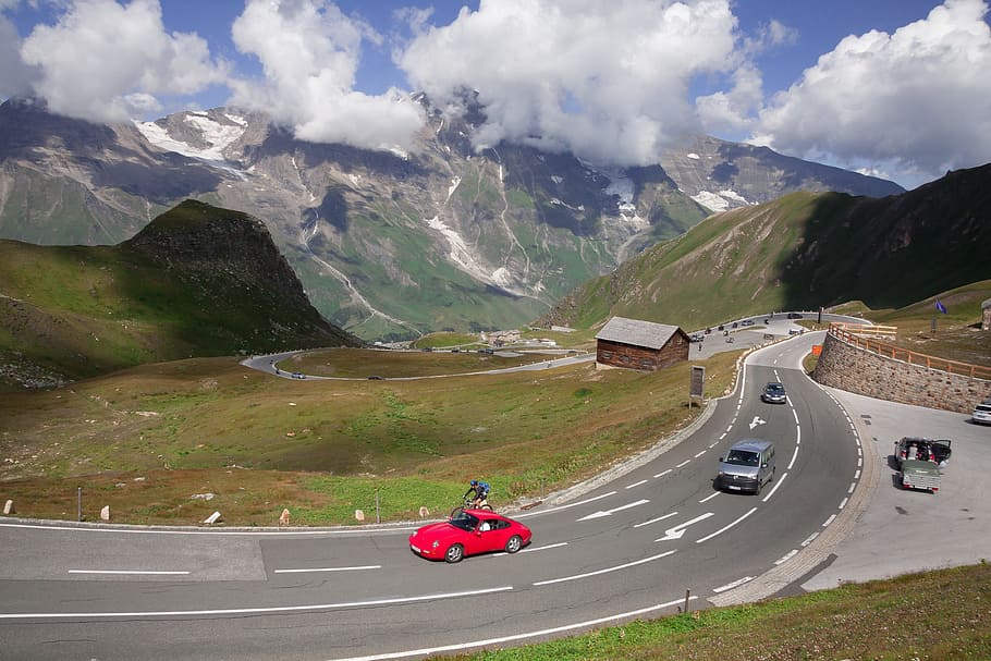 pass, high alpine road, grossglockner, mountains, austria, clouds HD wallpaper