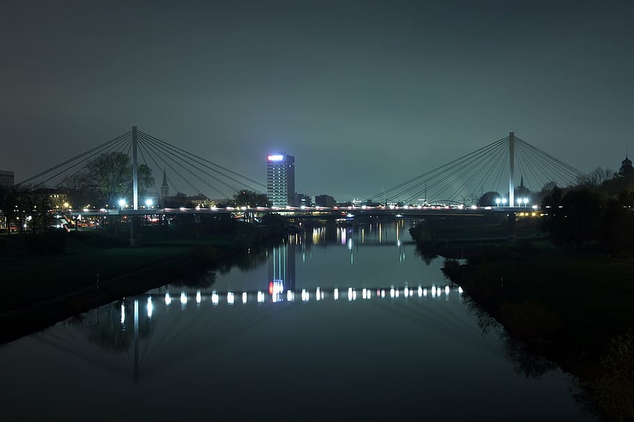 neckar, mannheim, bridge, panorama, night, architecture, city view HD wallpaper