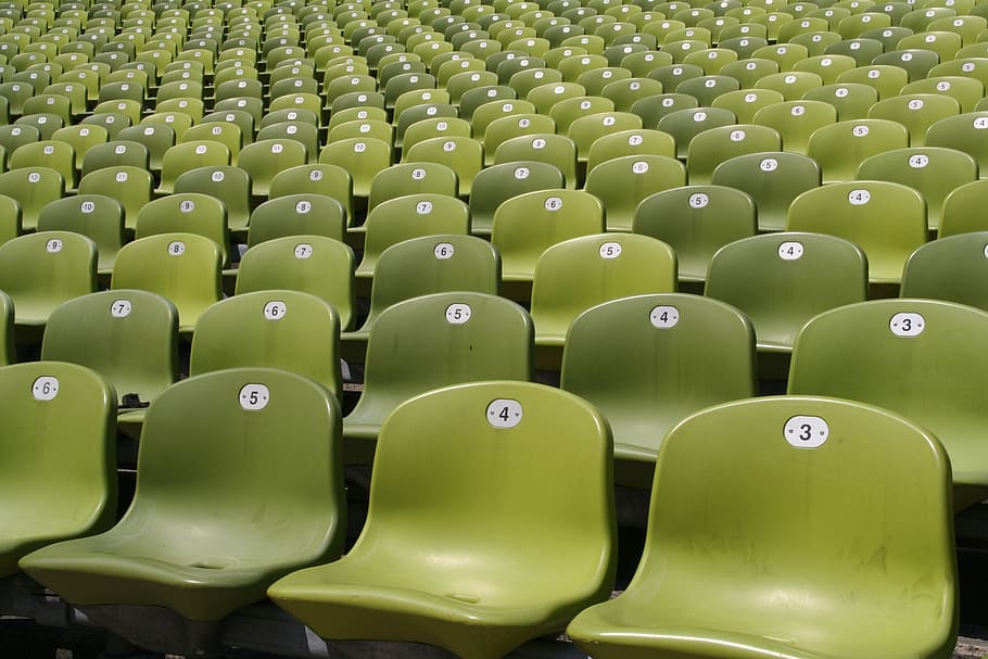 green armless chair lot, stadium, sit, plastic, colorful, munich