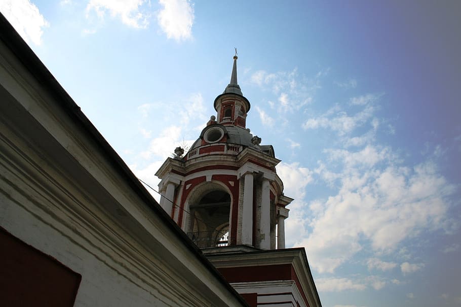 bell tower, pillars, white deep red, arch, ornate, sky, clouds HD wallpaper