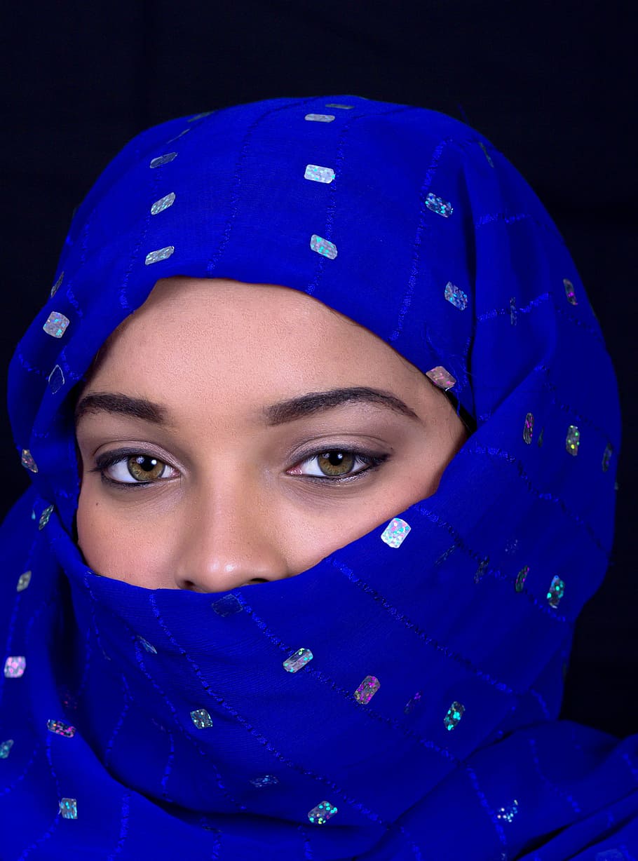 portrait, people, veil, adult, wear, woman, headscarf, blue, HD wallpaper