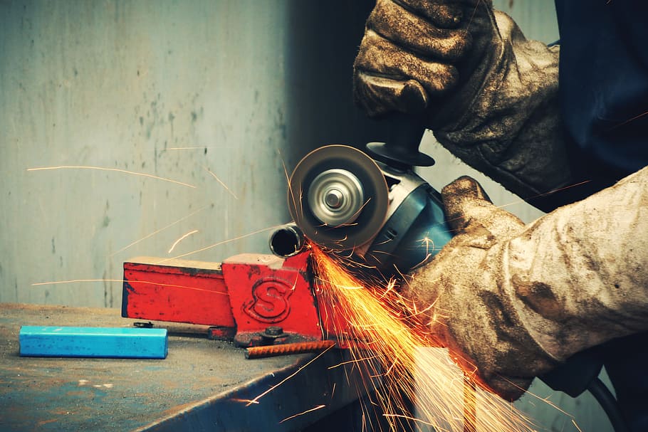 person cutting metal bar with angle grinder, emery, angular, emery angular, HD wallpaper